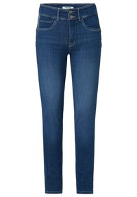 Vaqueros skinny de mezclilla azul oscuro con una cintura de altura media, dos bolsillos delanteros y dos traseros. Presenta detalles en hardware dorado.