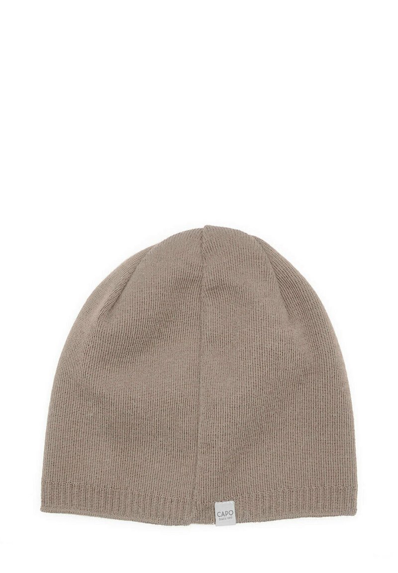 Beanie hat in light taupe, ribbed texture, soft knit material, featuring a small rectangular fabric label with "CAPO" at the hem.