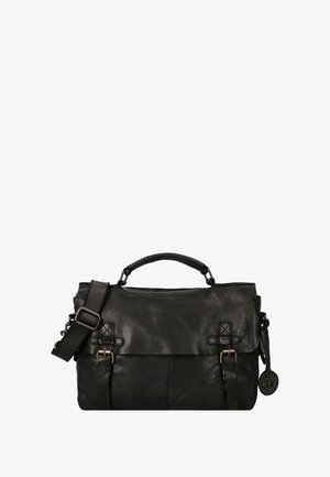 Borsa messenger in pelle nera con maniglia superiore e tracolla regolabile. Presenta fibbie, una superficie testurizzata e un ciondolo decorativo rotondo.