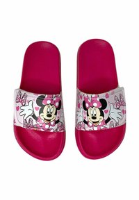 Infradito rosa con una fascia decorata con Minnie Mouse e cuori su sfondo bianco. Materiale superiore liscio e suola strutturata.