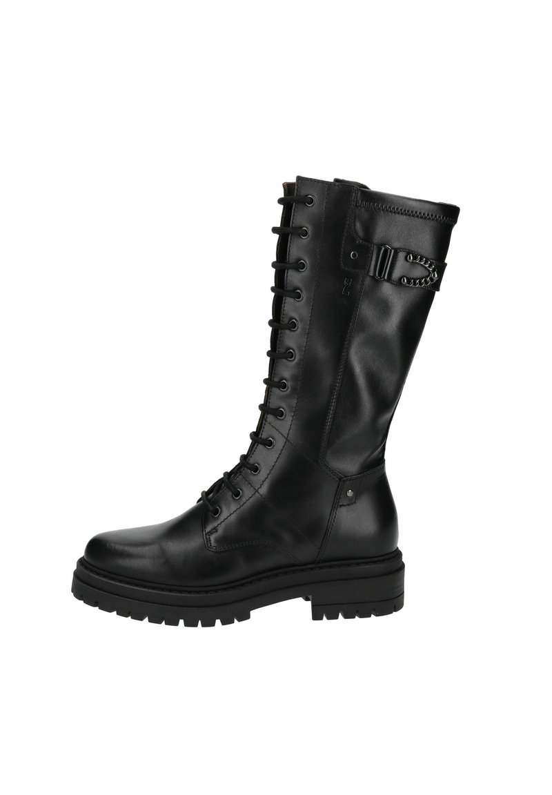 Botte en cuir noir hauteur genou avec un bout rond, fermeture à lacets à l'avant, détail de boucle sur le côté et semelle en caoutchouc texturée. Finition lisse et design robuste.