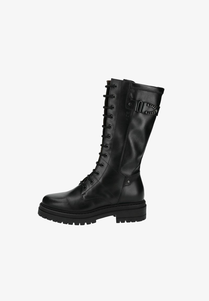 Botte en cuir noir hauteur genou avec un bout rond, fermeture à lacets à l'avant, détail de boucle sur le côté et semelle en caoutchouc texturée. Finition lisse et design robuste.