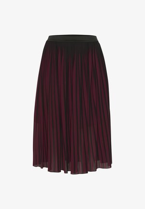 Falda plisada en burdeos y negro, con una amplia cinturilla elástica. La tela es ligera y semitranslúcida, con rayas verticales.