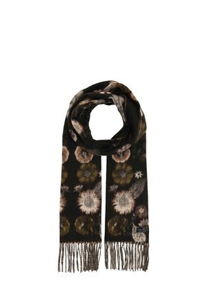 Dark scarf with fringed ends featuring a floral pattern in muted brown, beige, and olive tones.