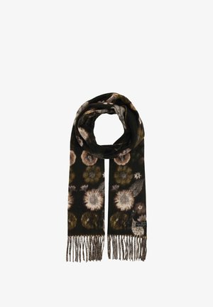 Dark scarf with fringed ends featuring a floral pattern in muted brown, beige, and olive tones.