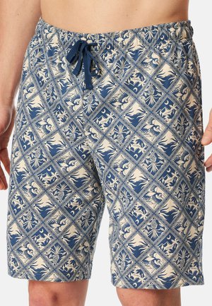 Męskie niebiesko-beżowe szorty z tropikalnym wzorem przedstawiającym ananasy, ptaki i rośliny, wiązane niebieskim sznurkiem w pasie.
