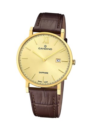 Runde goldene Uhr mit gelbem Zifferblatt, braunem Lederarmband, Saphirglas, römischer Ziffer bei 12, Datumsanzeige bei 6 Uhr.