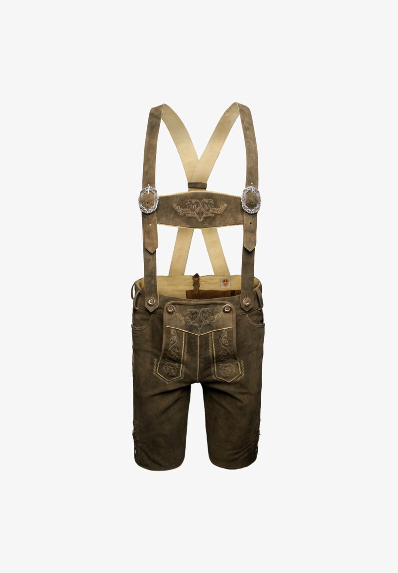 Hnědé kožené šortky s kšandami, zdobené jemnou výšivkou a dekoračními prvky, obsahující dvě přední kapsy a hladkou texturu.