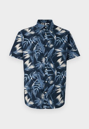 Chemise à manches courtes, boutonnée, en coton bleu marine avec un motif de feuilles blanches et bleu clair, dotée d'un col structuré et d'une coupe régulière.