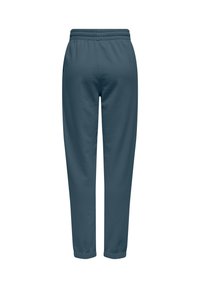 Dunkelblaue Jogginghose mit elastischem Bund und Bündchen an den Knöcheln; glatte Textur, gerade Passform, ohne Taschen. Einfaches und funktionales Design.