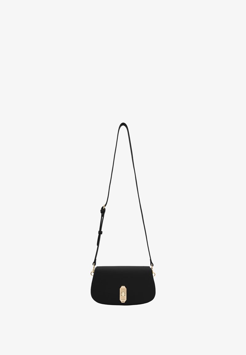 Black leather crossbody bag with a curved shape, gold-tone hardware, and a magnetic closure. Features an adjustable strap for convenience.
