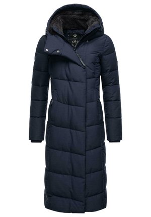 Navy puffer coat with a hood, featuring quilted stitching, zippered front, and side pockets. Interior lined with soft, textured material.