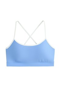 Light blue sports bra with thin white crisscross straps and white trim, designed for active wear and comfort.