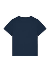 Marineblaues T-Shirt mit kurzen Ärmeln und rundem Halsausschnitt. Glatte Textur, einfaches Design, keine sichtbaren Muster oder Akzente. Rückansicht.