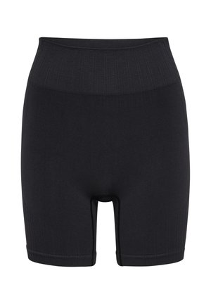Schwarze nahtlose Biker-Shorts mit hohem Bund, geripptem Bund und Beinabschlüssen, entworfen für Komfort und dehnbare Passform.
