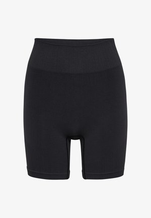 Schwarze nahtlose Biker-Shorts mit hohem Bund, geripptem Bund und Beinabschlüssen, entworfen für Komfort und dehnbare Passform.