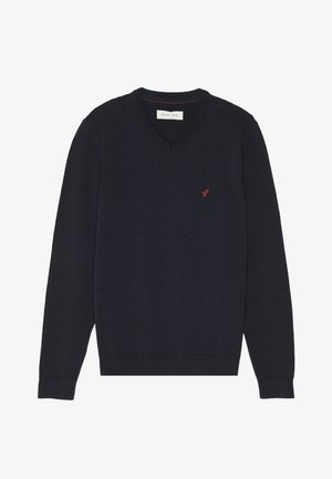 Navy blue V-neck sweater made of knitted fabric, featuring a small red bird logo on the left chest and ribbed cuffs and hem.