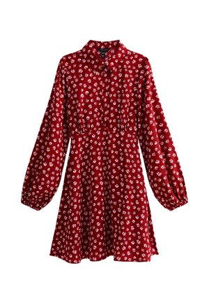 Rotes Langarmkleid mit weißem Blumenmuster, durchgeknöpftem Vorderteil, geraffter Taille, Kragen und elastischen Bündchen.