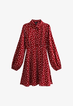 Robe rouge à manches longues avec imprimé floral blanc, devant boutonné, taille froncée, col et poignets élastiques.