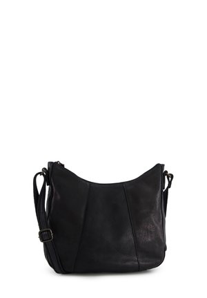 Sort læder crossbody taske med justerbar rem, lynlås og paneldetaljer foran.