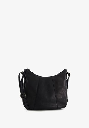 Sort læder crossbody taske med justerbar rem, lynlås og paneldetaljer foran.