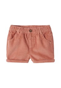 Kordshorts in zartem Rosa, mit einem Knopfverschluss, zwei Fronttaschen und umgeschlagenen Säumen für zusätzliche Details.