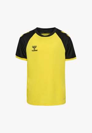 Żółto-czarna sportowa koszulka z krótkim rękawem o okrągłym dekolcie, z czarnymi rękawami raglanowymi i logo na piersi. Wykonana z lekkiego materiału.