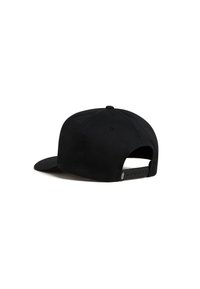 Sort baseball cap med en struktureret krone, buet skygge og snapback lukning. Lavet af stof med en glat tekstur.