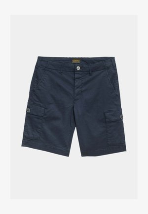 Pantalones cortos cargo azul marino hechos de una tela ligera, que cuentan con dos bolsillos laterales y un bolsillo cargo abotonado en la pierna derecha.