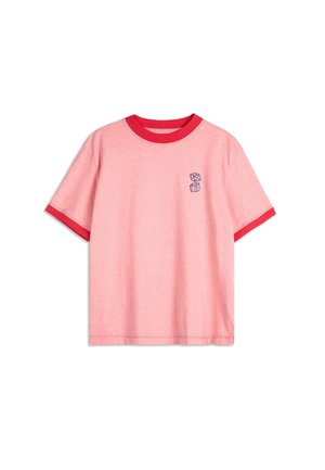 Pink short-sleeve t-shirt with a red ribbed collar and sleeve hems. Features a small graphic of two dice on the chest.