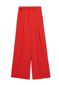Hoge taille wide-leg rode broek met plooien aan de voorkant, zijzakken en een bijpassende stoffen riem gestrikt om de taille.