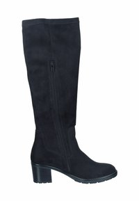 Bota de ante negra, de caña alta, con punta redonda, cremallera lateral y un tacón apilado texturizado. Superficie suave con detalles de diseño minimalista.