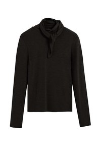 Top negro de manga larga con cuello alto y detalle de bufanda de tela adjunta. Textura suave y lisa. Diseño sencillo sin patrones visibles.