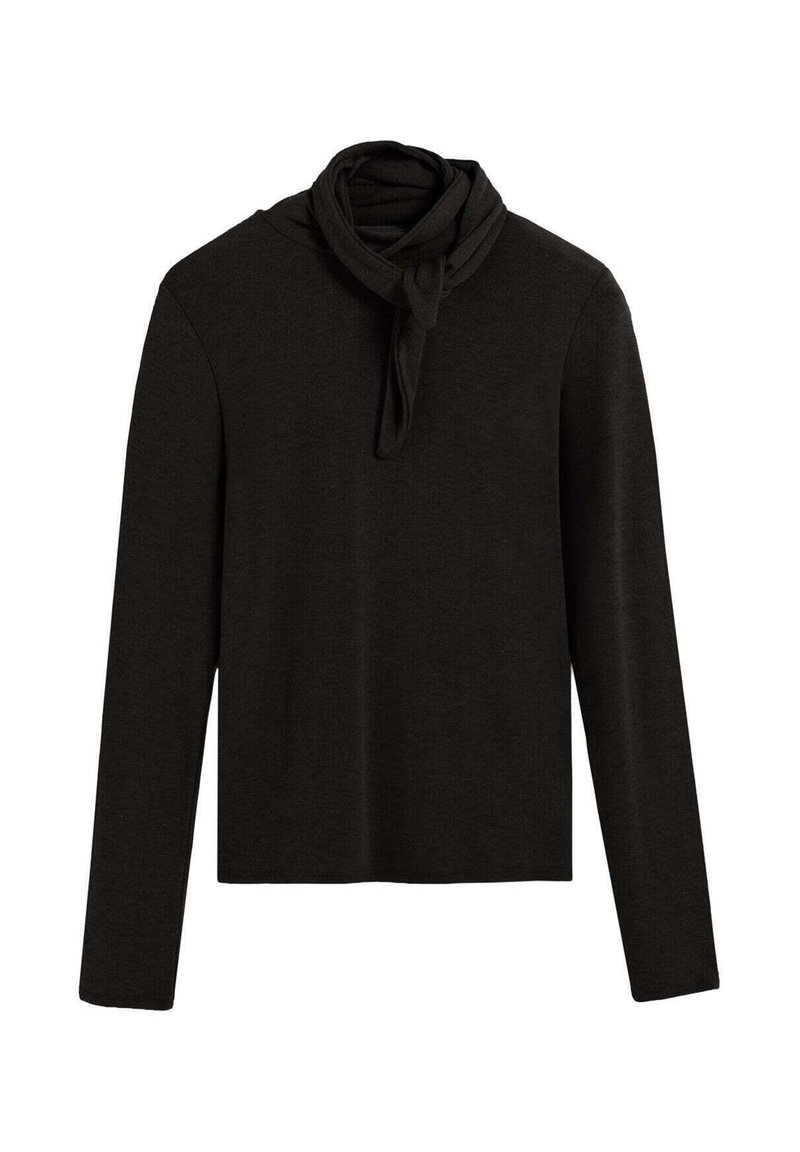 Top negro de manga larga con cuello alto y detalle de bufanda de tela adjunta. Textura suave y lisa. Diseño sencillo sin patrones visibles.