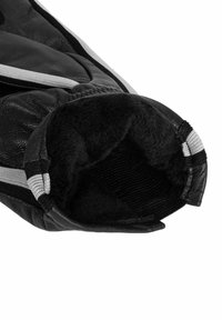 Guanto in pelle nera con una morbida fodera nera, caratterizzato da strisce grigie lungo il polso. L'interno presenta una finitura testurizzata, progettata per il comfort.