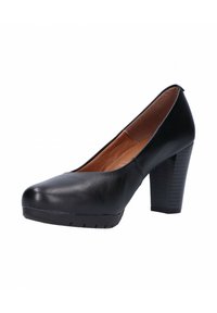 Zapato de tacón alto de cuero negro con punta redondeada, textura suave y tacón de bloque sólido. Presenta una plataforma sutil y un diseño sencillo.