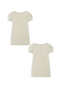 Beiges, geripptes Kleid mit kurzen Puffärmelchen und einem gewellten Ausschnitt. Schlichtes Design mit körperbetonter Passform und strukturiertem Stoff.