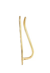 Gouden metalen haak met een slank, langwerpig ontwerp. Heeft aan één kant een gedraaide textuur voor extra detail en een overall gladde afwerking.