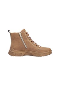 Bottines en suède beige avec une semelle texturée, une fermeture éclair sur le côté et des lacets multicolores. Elles sont dotées de coutures décoratives et d'une doublure en fourrure.