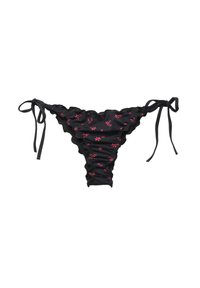 Fekete bikini alsó fodros szélekkel, rózsaszín virágmintás hímzéssel és megkötős oldalakkal. Puha anyagból készült, a kényelem és a megfelelő illeszkedés érdekében tervezve.