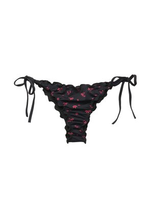 Bas de bikini noir avec des bords volants, broderie florale rose et fermetures à nouer sur les côtés. Fabriqué en tissu doux, conçu pour le confort et l'ajustement.