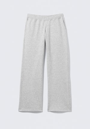 Gray, loose-fitting sweatpants made of soft fabric. Features an elastic waistband and side pockets, with a straight leg design.