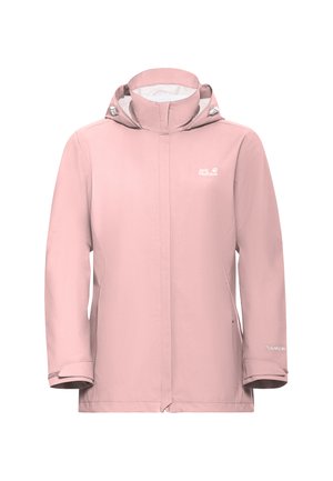 Giacca rosa impermeabile con collo alto, zip frontale e cappuccio regolabile. Presenta loghi discreti e polsini elastici. Tessuto dalla trama liscia.