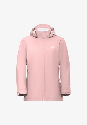 Giacca rosa impermeabile con collo alto, zip frontale e cappuccio regolabile. Presenta loghi discreti e polsini elastici. Tessuto dalla trama liscia.