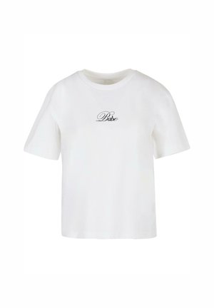 White cotton t-shirt with short sleeves, round neckline, and a black script logo featuring the word "Babe" on the front.