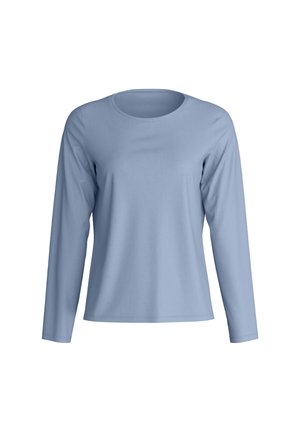 T-shirt à manches longues bleu clair avec un col rond, en tissu uni et lisse, coupe décontractée, présenté sur un fond blanc.