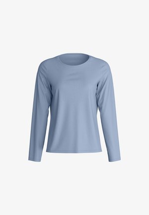 T-shirt à manches longues bleu clair avec un col rond, en tissu uni et lisse, coupe décontractée, présenté sur un fond blanc.