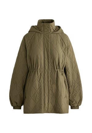 Quilted olive green jacket with a high collar and hood. Features elastic cuffs and a gathered waist for a relaxed fit.