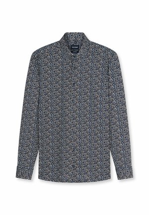 Camicia a maniche lunghe con bottoni, sfondo blu scuro e un piccolo motivo fitto di foglie in bianco e beige.