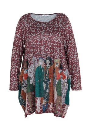 Bordowa bluzka z długim rękawem z delikatnym kwiatowym wzorem oraz kolorowymi ilustracjami kobiet w stylu vintage na dolnej części przodu.